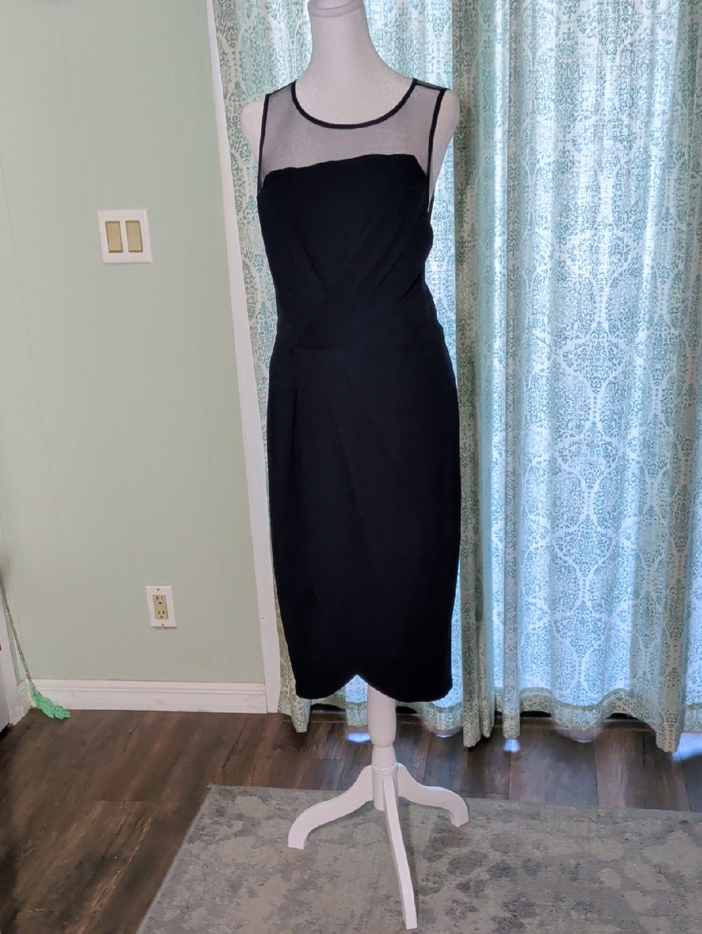 Adrianna Papell Navy Midi Sheath Dress witpph Illusion Yoke